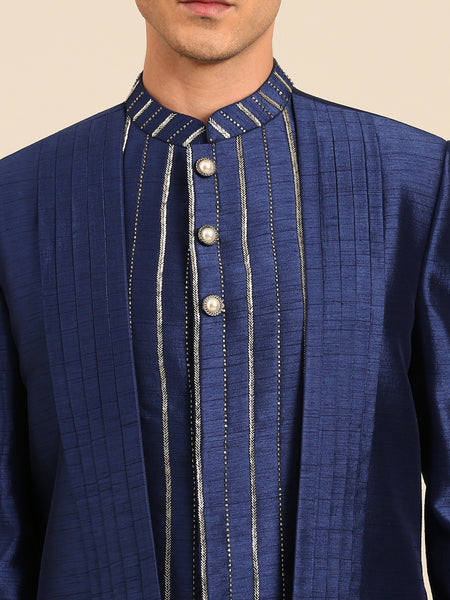 Blue Silver Bemberg Silk Sherwani - MMSHR054