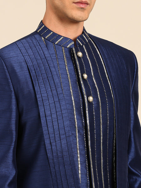 Blue Silver Bemberg Silk Sherwani - MMSHR054