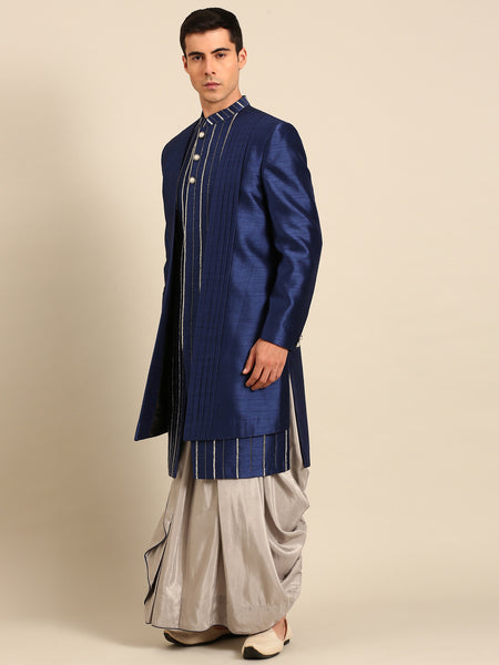Blue Silver Bemberg Silk Sherwani - MMSHR054