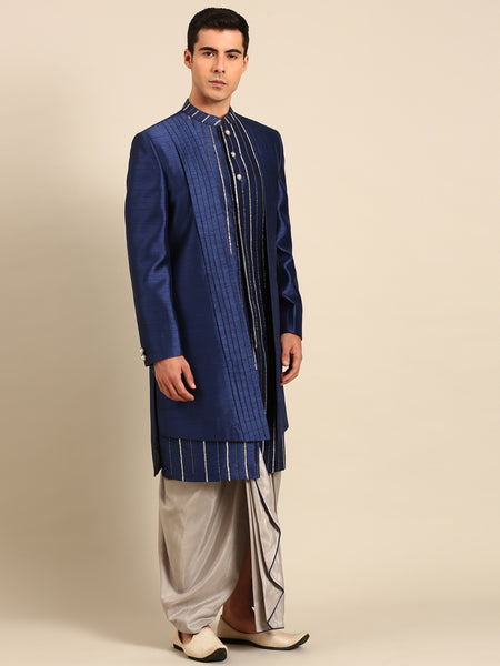 Blue Silver Bemberg Silk Sherwani - MMSHR054