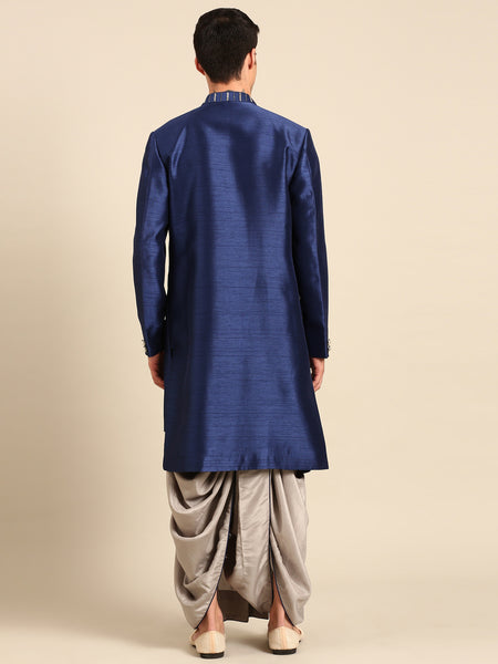 Blue Silver Bemberg Silk Sherwani - MMSHR054