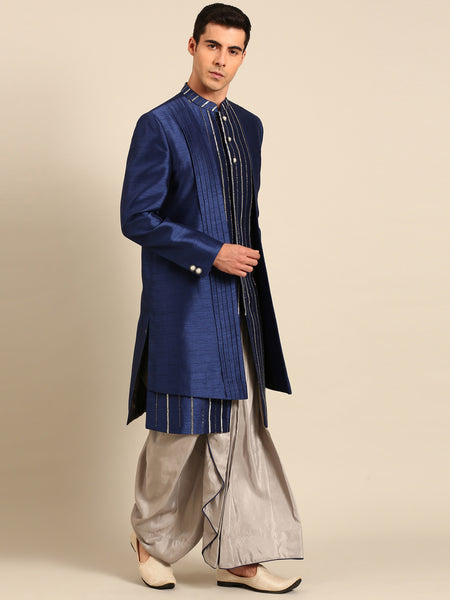 Blue Silver Bemberg Silk Sherwani - MMSHR054