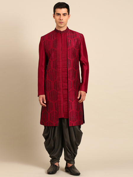 Maroon Black Bemberg Silk Sherwani - MMSHR055