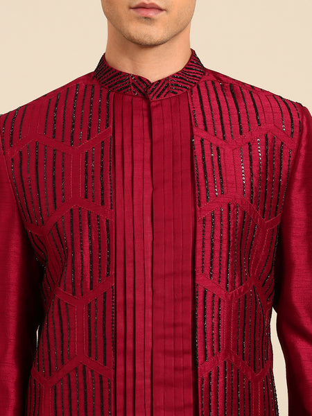 Maroon Black Bemberg Silk Sherwani - MMSHR055