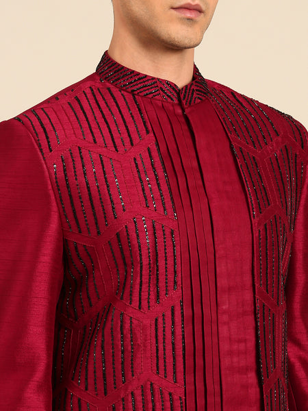 Maroon Black Bemberg Silk Sherwani - MMSHR055