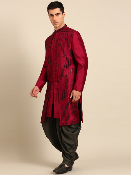 Maroon Black Bemberg Silk Sherwani - MMSHR055