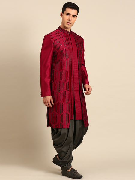 Maroon Black Bemberg Silk Sherwani - MMSHR055