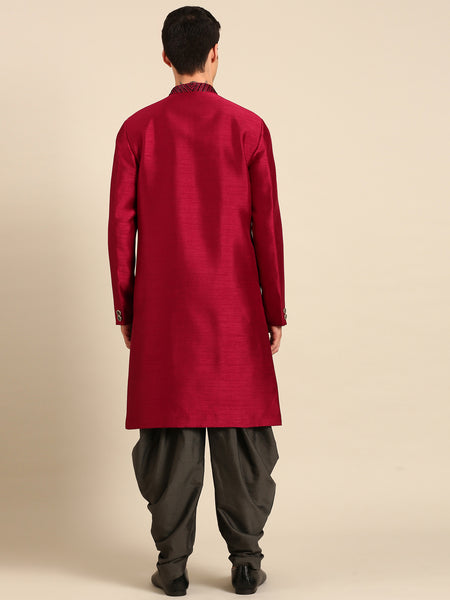Maroon Black Bemberg Silk Sherwani - MMSHR055