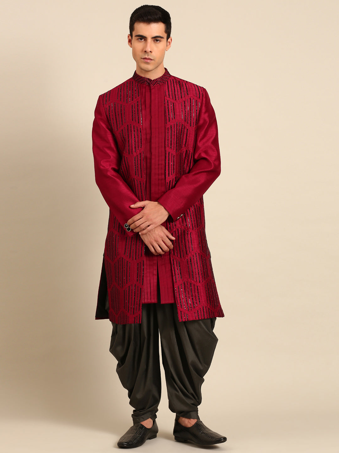 Maroon Black Bemberg Silk Sherwani - MMSHR055