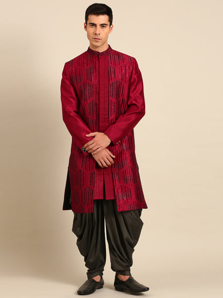 Maroon Black Bemberg Silk Sherwani - MMSHR055