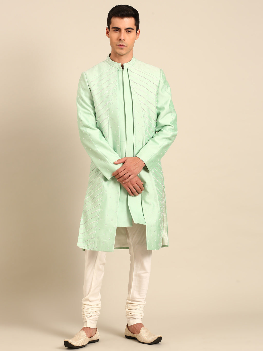 Green Silk Cotton Sherwani - MMSHR056