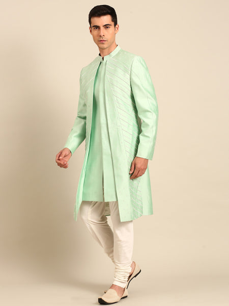 Green Silk Cotton Sherwani - MMSHR056