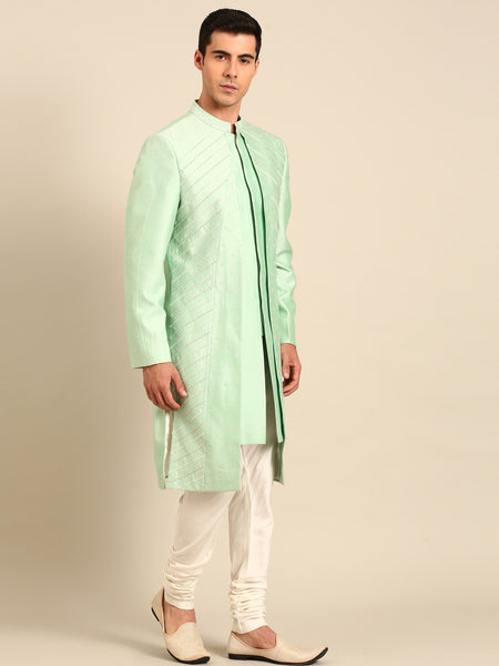 Green Silk Cotton Sherwani - MMSHR056