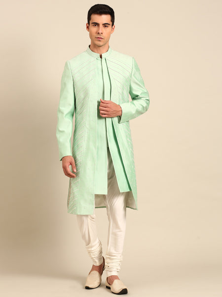 Green Silk Cotton Sherwani - MMSHR056