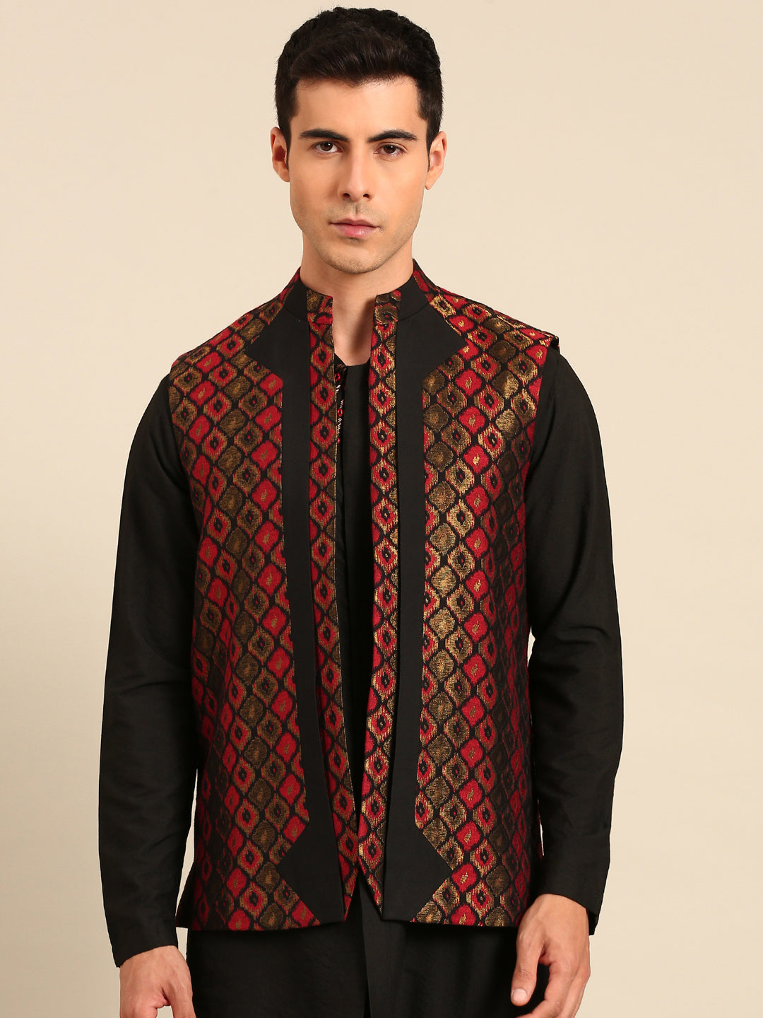 Black Maroon 100% Silk Jaqcuard Short Open Jacket - MMSOJ026