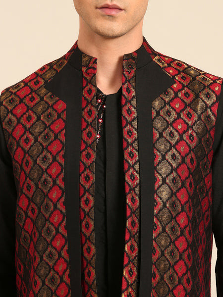 Black Maroon 100% Silk Jaqcuard Short Open Jacket - MMSOJ026