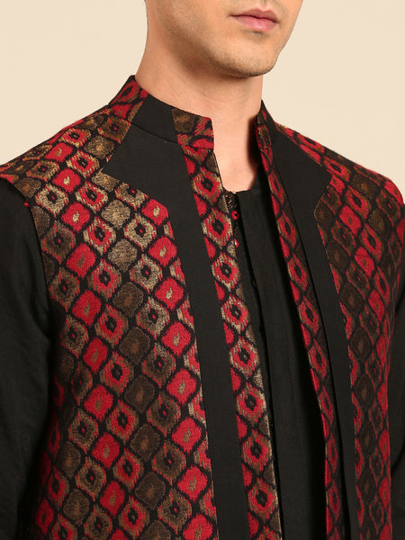 Black Maroon 100% Silk Jaqcuard Short Open Jacket - MMSOJ026