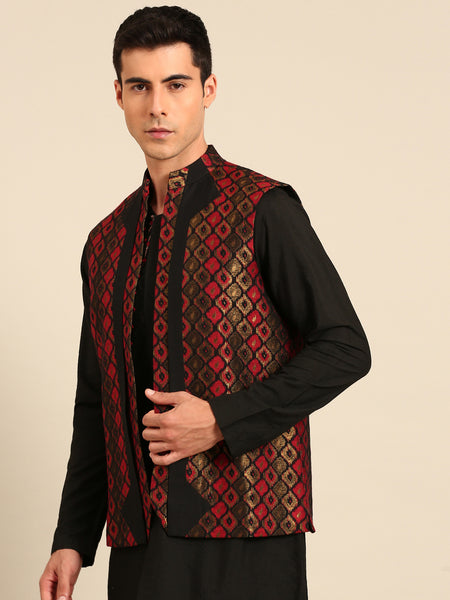 Black Maroon 100% Silk Jaqcuard Short Open Jacket - MMSOJ026