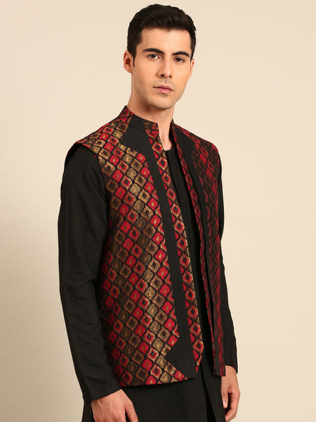 Black Maroon 100% Silk Jaqcuard Short Open Jacket - MMSOJ026