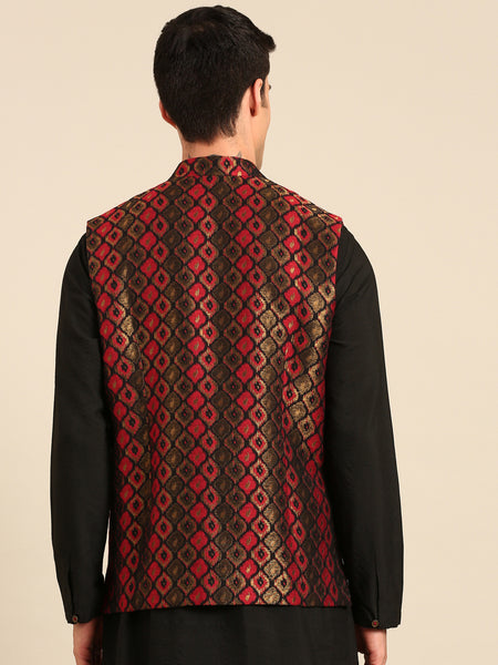 Black Maroon 100% Silk Jaqcuard Short Open Jacket - MMSOJ026