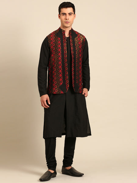 Black Maroon 100% Silk Jaqcuard Short Open Jacket - MMSOJ026