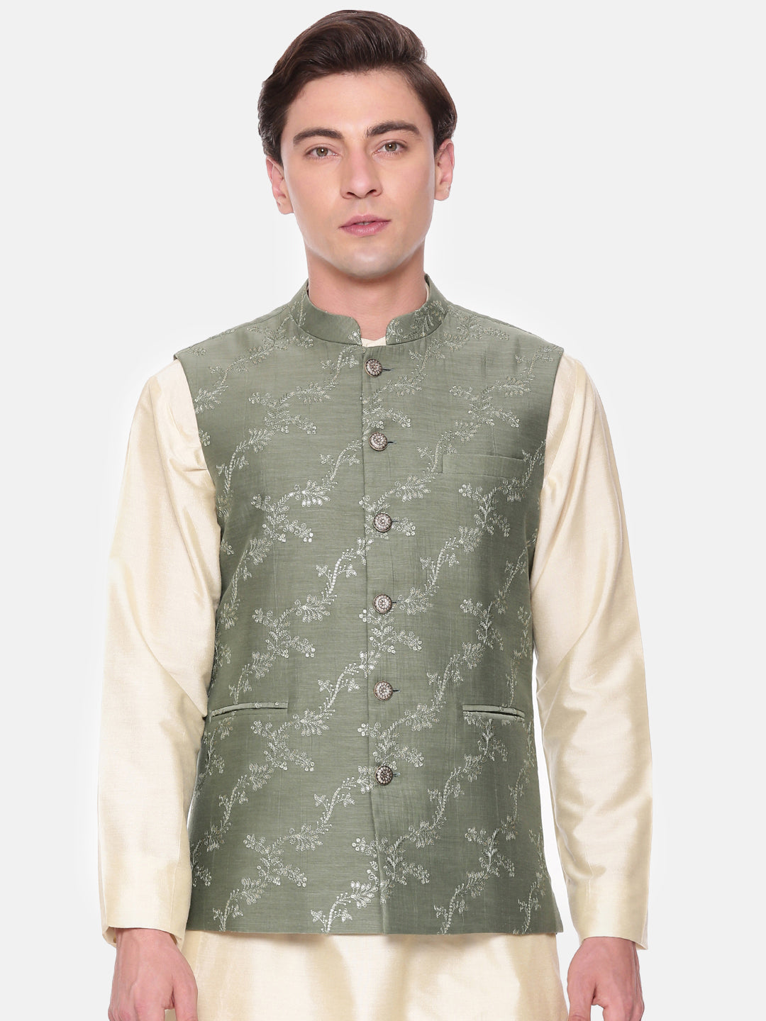 Green Chanderi Embroidered Jacket - MMWC0225