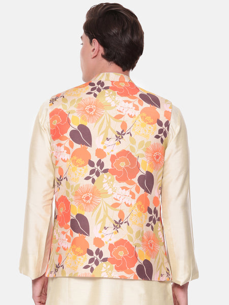 Orange Beige Printed Muslin Nehru Jacket - MMWC0227