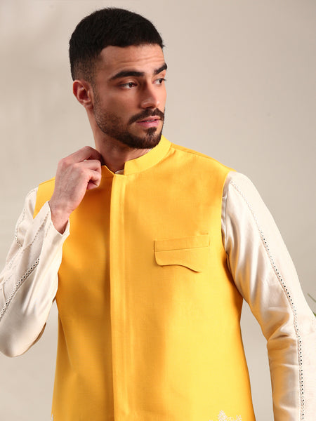 Yellow Embroidered Cotton Silk  Nehru Jacket - MMWC0233