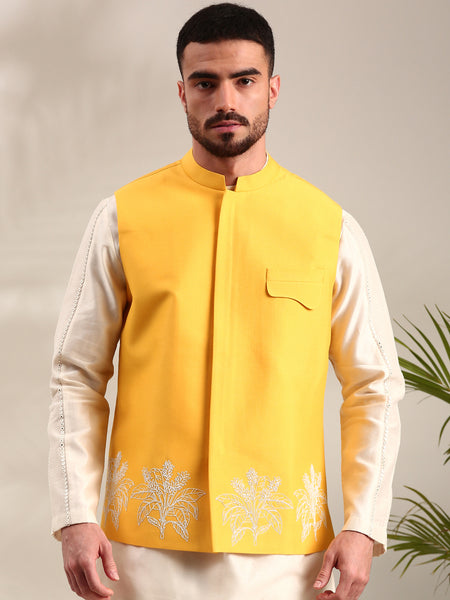 Yellow Embroidered Cotton Silk  Nehru Jacket - MMWC0233