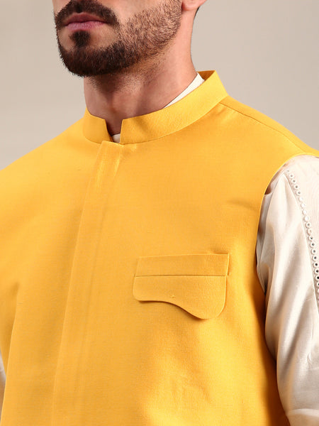 Yellow Embroidered Cotton Silk  Nehru Jacket - MMWC0233