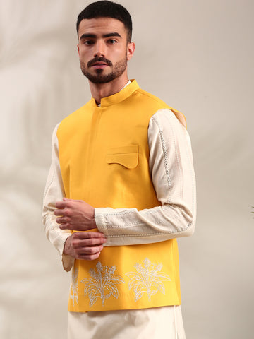 Yellow Embroidered Cotton Silk  Nehru Jacket - MMWC0233