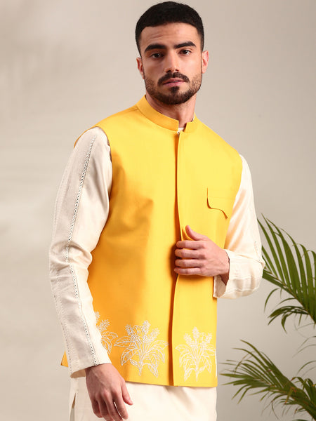 Yellow Embroidered Cotton Silk  Nehru Jacket - MMWC0233