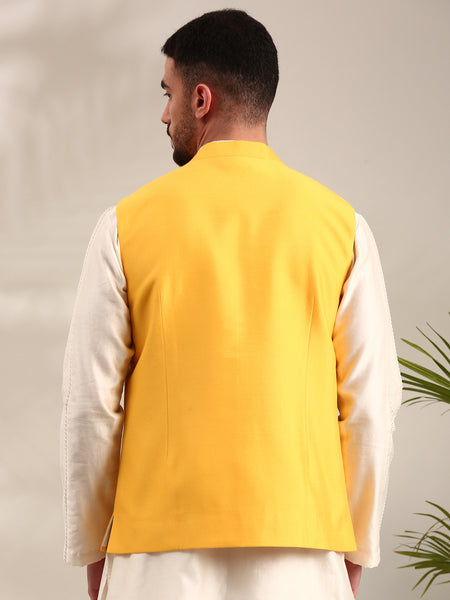 Yellow Embroidered Cotton Silk  Nehru Jacket - MMWC0233