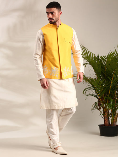 Yellow Embroidered Cotton Silk  Nehru Jacket - MMWC0233