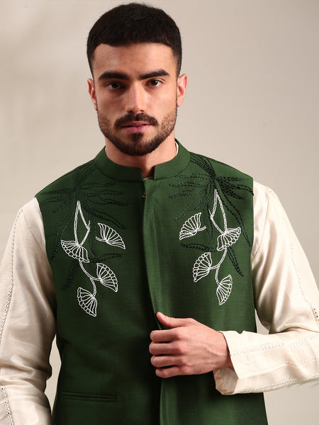 Bottle Green Cotton Silk Nehru Jacket - MMWC0234