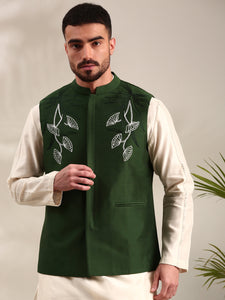 Bottle Green Cotton Silk Nehru Jacket - MMWC0234