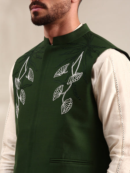 Bottle Green Cotton Silk Nehru Jacket - MMWC0234