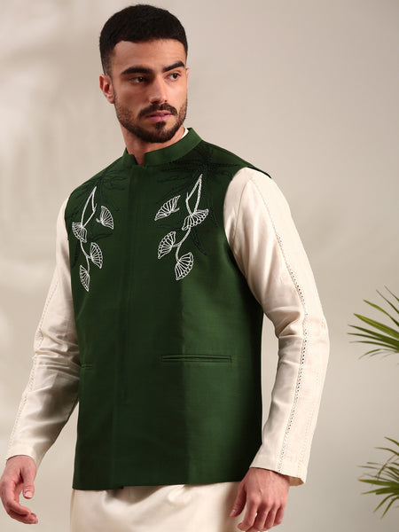 Bottle Green Cotton Silk Nehru Jacket - MMWC0234