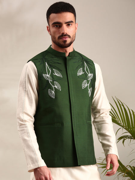 Bottle Green Cotton Silk Nehru Jacket - MMWC0234