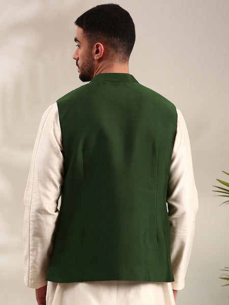 Bottle Green Cotton Silk Nehru Jacket - MMWC0234