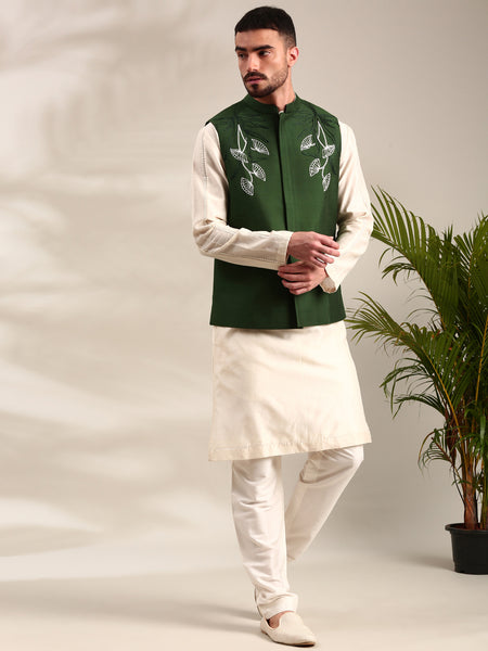 Bottle Green Cotton Silk Nehru Jacket - MMWC0234