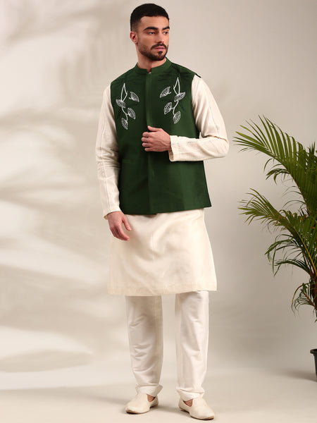 Bottle Green Cotton Silk Nehru Jacket - MMWC0234