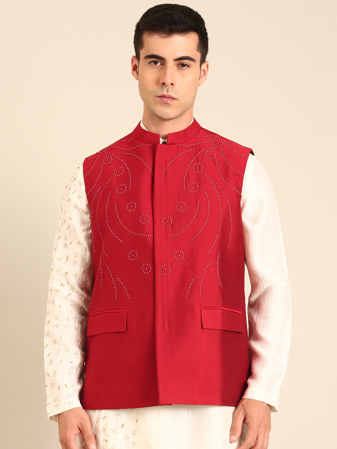 Red Silk Cotton Nehru Jacket  -  MMWC0235