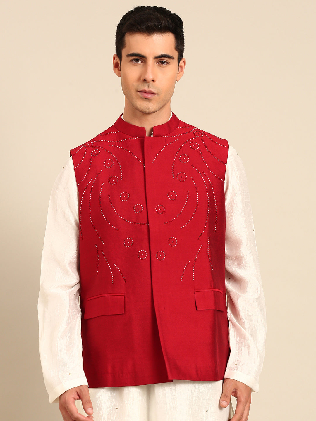 Red Silk Cotton Modi Jacket -  MMWC0235