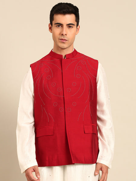 Red Silk Cotton Modi Jacket -  MMWC0235