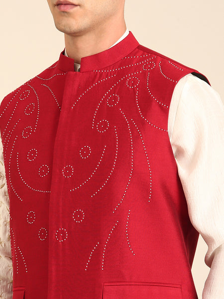 Red Silk Cotton Nehru Jacket  -  MMWC0235