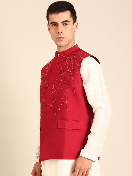 Red Silk Cotton Nehru Jacket  -  MMWC0235