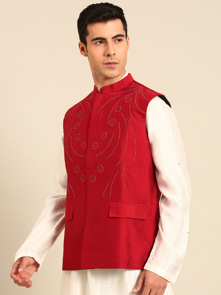 Red Silk Cotton Modi Jacket -  MMWC0235