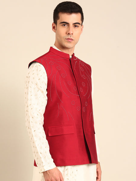 Red Silk Cotton Nehru Jacket  -  MMWC0235