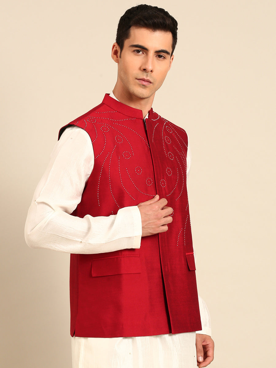 Red Silk Cotton Modi Jacket - MMWC0235 – Mayank Modi Fashions